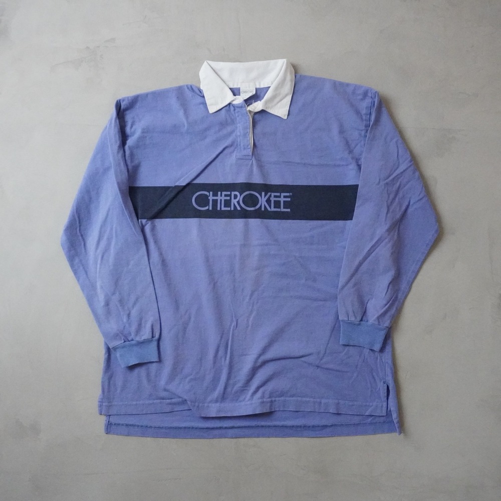 Vintage Cherokee Rugby Shirt L/XL Mens Blue Long Sleeve Stripe Cotton Polo